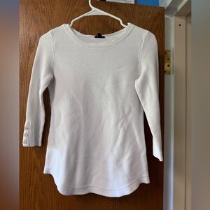 White 3/4 sleeve textured petite shirt blouse.